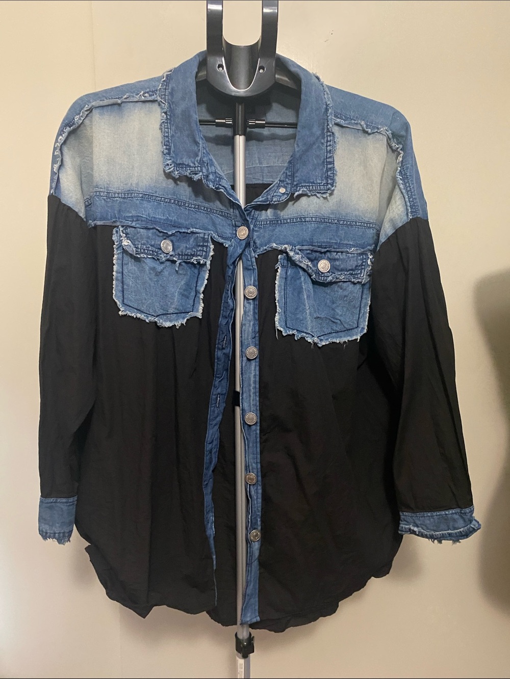 Two-Tone Denim and Black Button-Front Women's Shirt